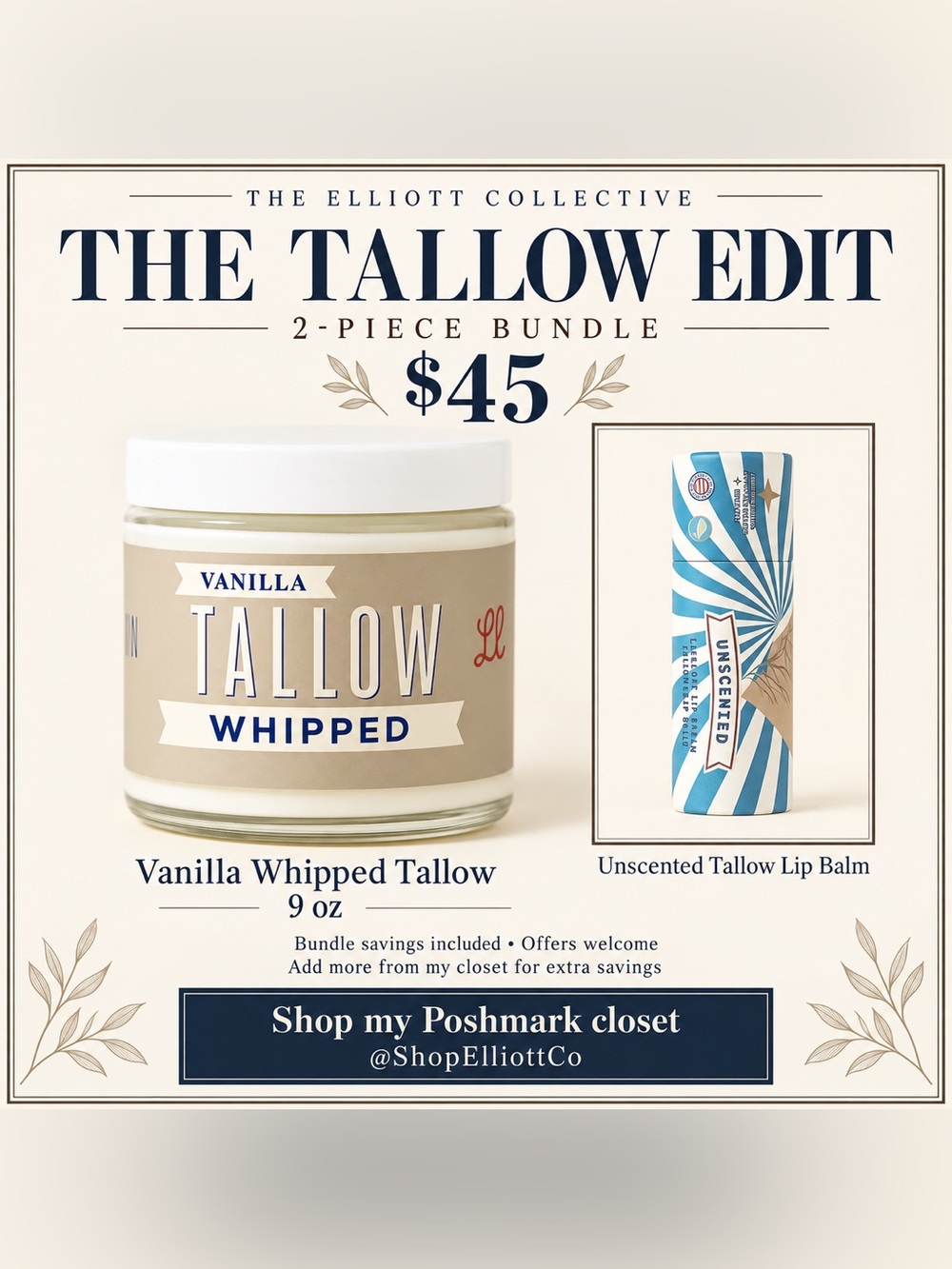 Lady May Vanilla Whipped Tallow Moisturizer + Unscented Lip Balm Bundle NIB